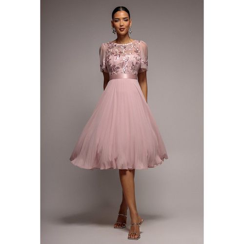 Goddiva Embroidered Top Chiffon Pleated Midi - Blush Pink