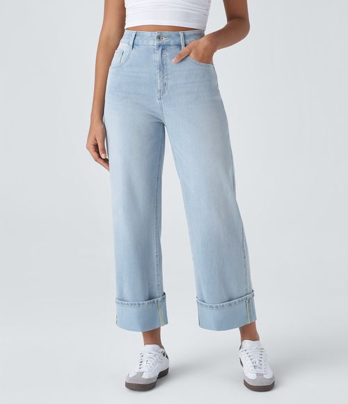 Flex™ High Waisted Pockets Rolled Hem Wide Leg Washed Casual Jeans  - Light Azure Denim