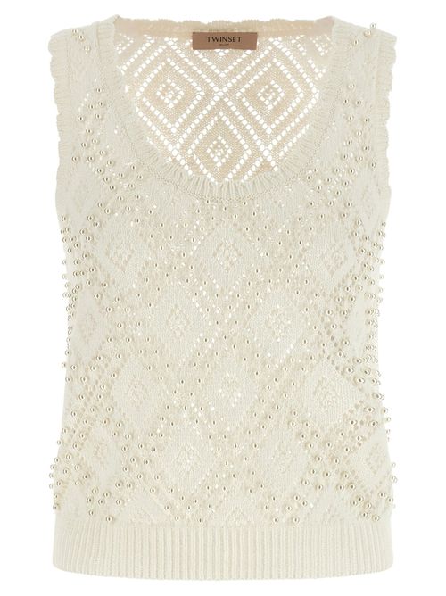 Pearl-Embellished Cotton Knit Tank Top — Cream