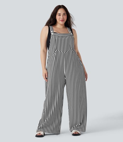 Plus Size Stripe Waffle Overalls with Pockets  - Black White Horizontal Stripe