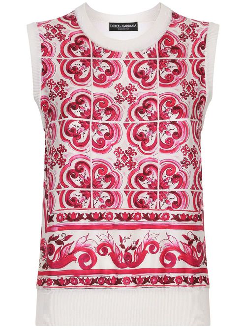 Majolica-pattern silk vest - White