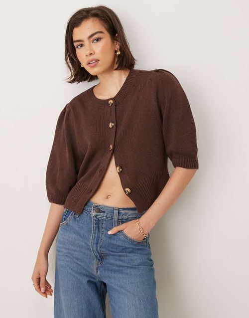 Crew neck cardigan with puff sleeve in chocolate-Brown
