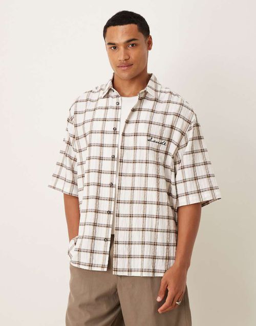 Oversized plaid shirt with chest embroidery in brown
