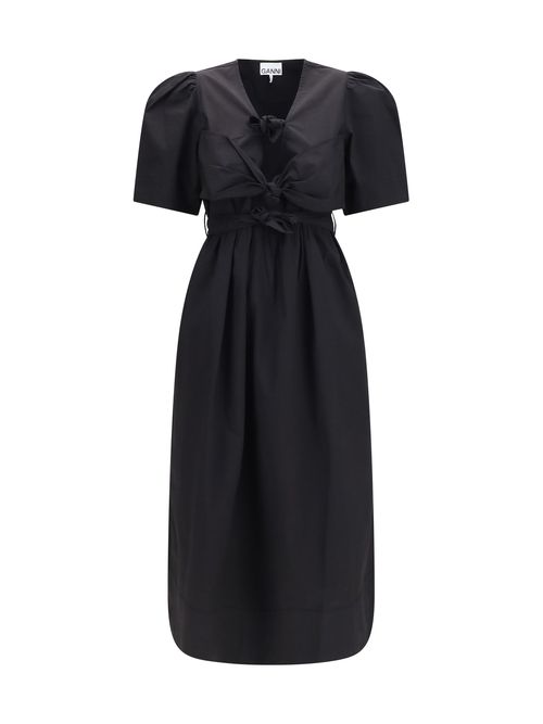 Puff-Shoulder A-Line Midi Dress — Black