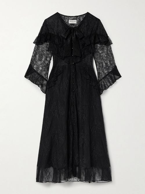 Majorelle Tie-neck Ruffled Chantilly Lace Maxi Dress - Black