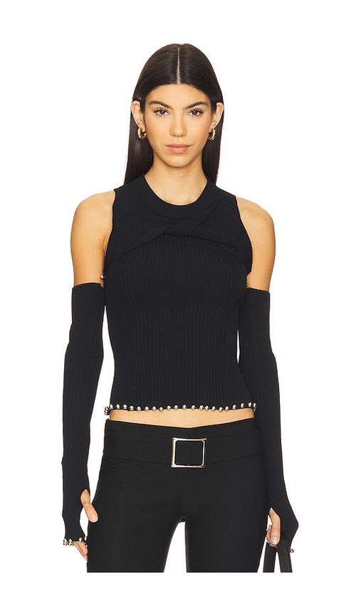 PRIVATE POLICY Twist Front Knit Top in Black. Größe XS. Also in L