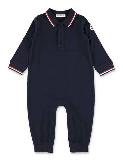 Boys Stretch Cotton Piqué Polo Romper with Ribbed Collar & Tricolor Trim