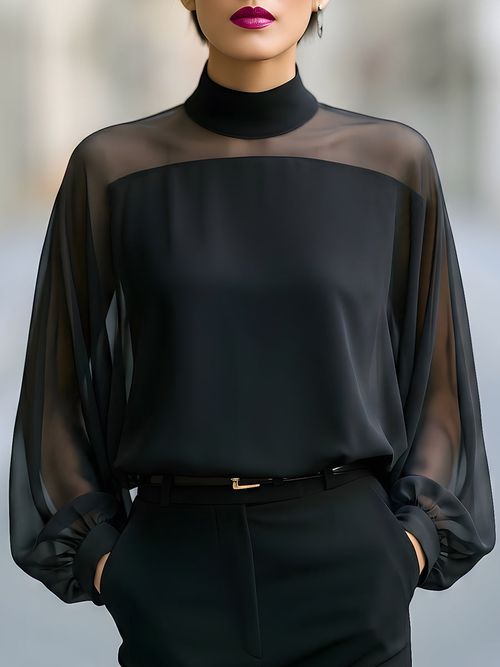 Sheer Yoke High-Neck Bishop Sleeve Blouse - Black