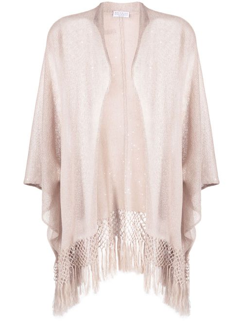 Fringed linen poncho - BROWN