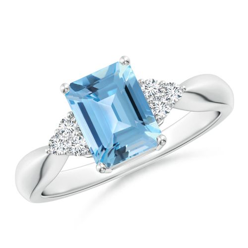 Angara 1.95 Carats Emerald-Cut Swiss Blue Topaz Ring with Trio Diamonds in Platinum