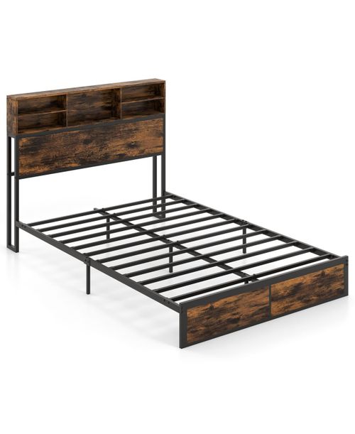 Metal Platform Bed Frame with Storage Headboard, Industrial Style Bedroom Furniture - Rustic Brown