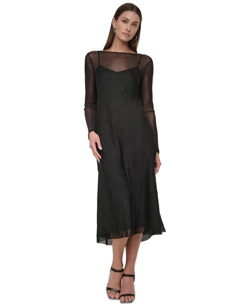 Women's Illusion Long-Sleeve Crushed Charmeuse Slip Dress - Black