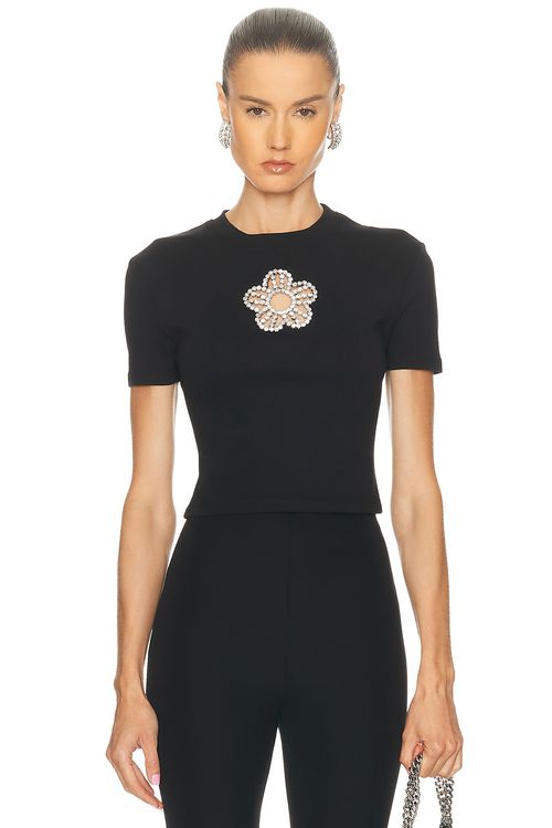 AREA Crystal Flower Cropped T-Shirt in Black - Black. XS also in L