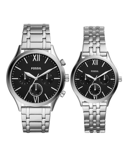 His and Her Fenmore Multifunction Silver-Tone Stainless Steel Watch Gift Set, 44mm 36mm - Silver-Tone