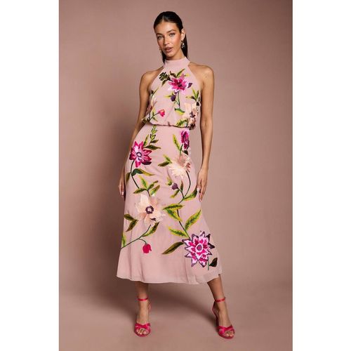 Coast High Neck Midi Dress With Floral Embroidery In Blush
