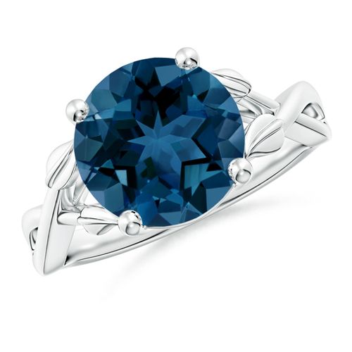Angara 4.2 Carats Nature Inspired London Blue Topaz Crossover Ring with Leaf Motifs in Platinum