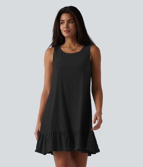Round Neck Built-in Bra Sleeveless Ruffle Hem Mini Casual Dress Casual Dress - Black