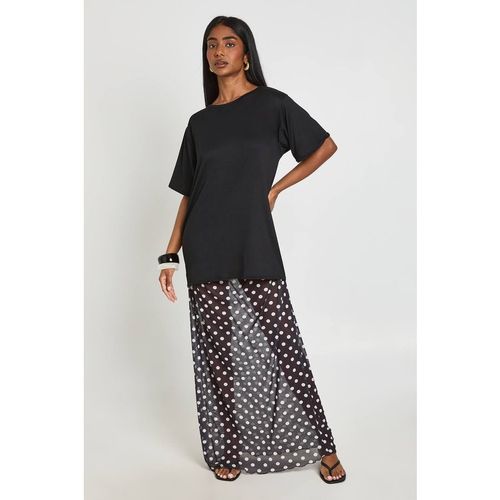 Boohoo Women's Polka Dot Printed Mesh Hem T-Shirt Dress in Black