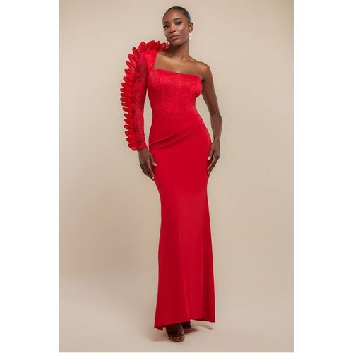 Goddiva One Shoulder Organza Fan Detail Lace Bodice Maxi Dress - Red