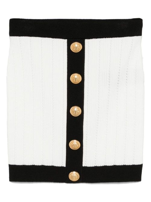 Button-Embellished Two-Tone Ribbed Knit Mini Skirt — White