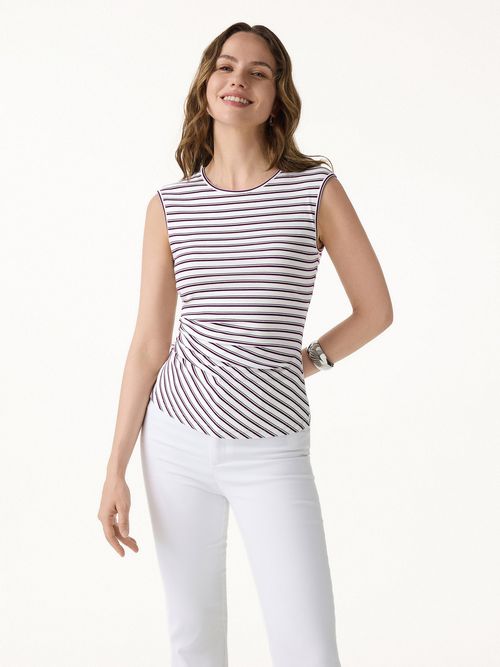 Lyocell Striped Tucked Sleeveless Bra Top - White/Marron Stripe