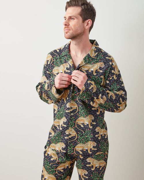 Organic Flannel Long Sleeve and Pants Pajama Set in Leopard Bagheera | Men's XS | Black | Sleepwear