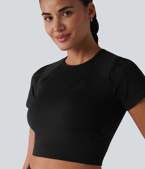 OneForm Seamless Flow Breathable Mesh Workout Cropped Sports Top  - Black