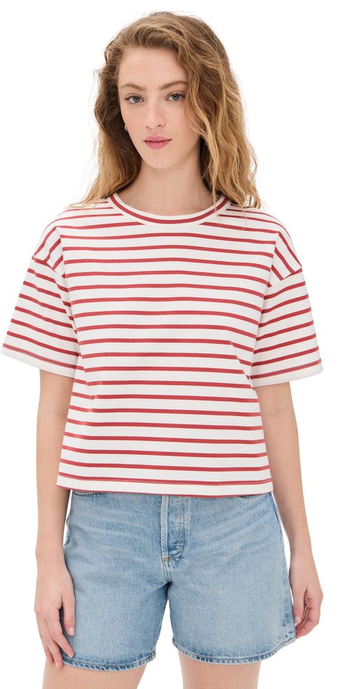 Madewell Everyday Boxy Crop Tee in Stripe Lighthouse Red Stripe