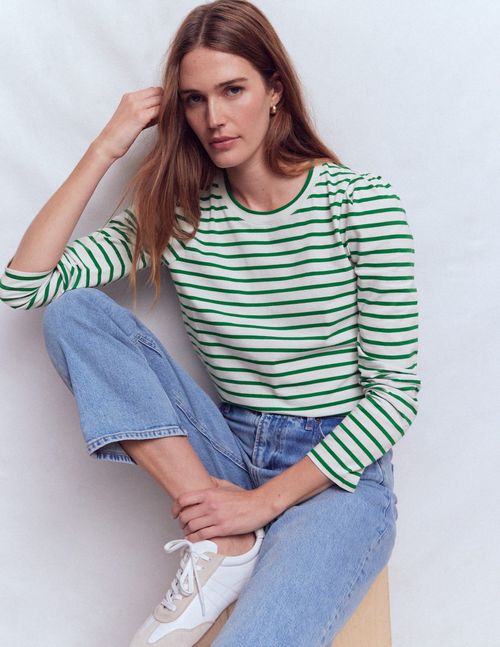 Women's Pleat Sleeve Stripe Top in Green | Size XS