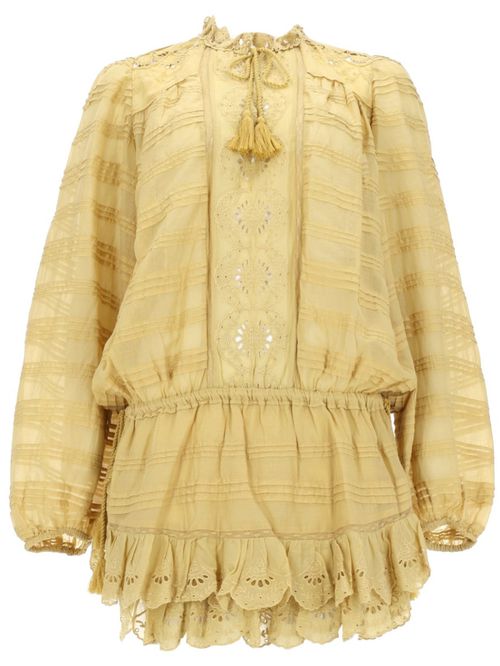 Yellow Embroidered Band Collar Mini Dress
