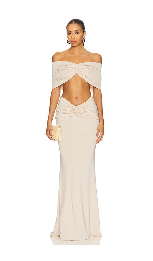 AWAVE Studio ENSEMBLE TOP ÉPAULE TOMBANTE ET JUPE LONGUE DRAPÉE en Cream.  34/2. Also en