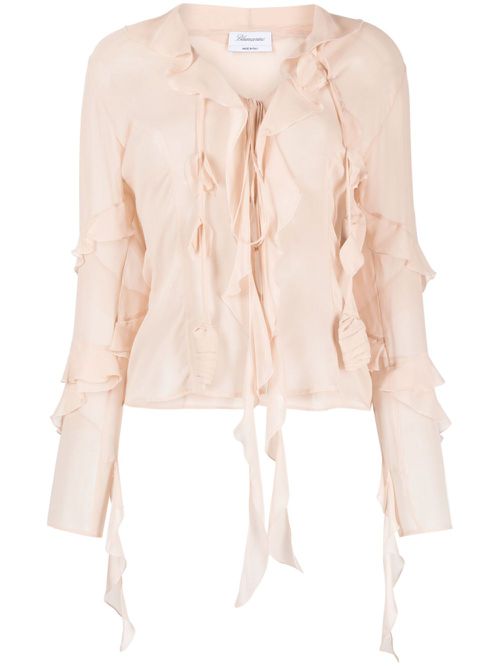 Ruffled trim semi-sheer blouse - Pink