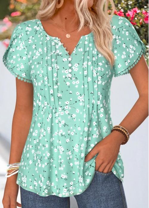 Modlily Light Green Floral Print Patchwork Short Sleeve T Shirt