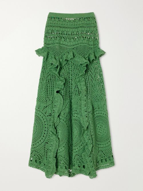 Floretta Ruffled Crocheted Cotton Midi Skirt - Green