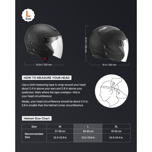 Motorcycle Helmet, 3/4 Open Face, Adult Motocross Dirt Bike Helmet with Clear Visor, Comfortable Motorbike Racing Street with Detachable Liner for Men & Women, DOT Approved, (Matte Black, L)