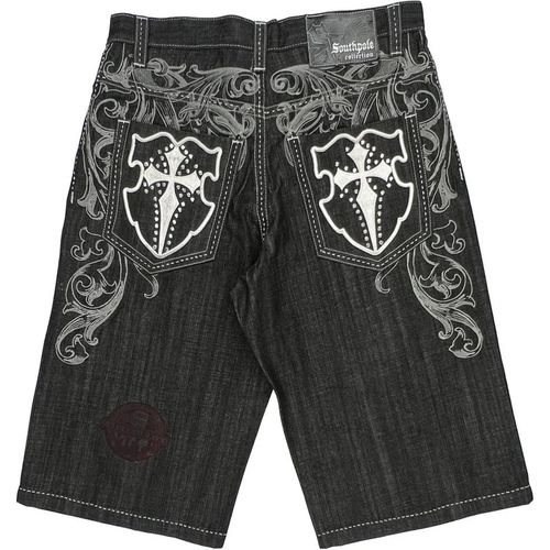 Cross Embroidery Southpole Hip Hop Denim Shorts - 34W 13L Black Deni