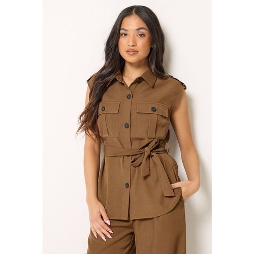 PixieGirl Women's Petite Belted Utility Shirt in Brown