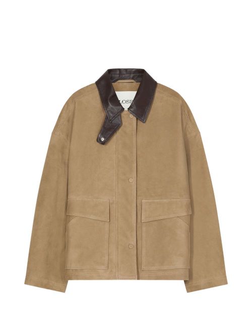 Suede with Leather Collar Jacket — Beige