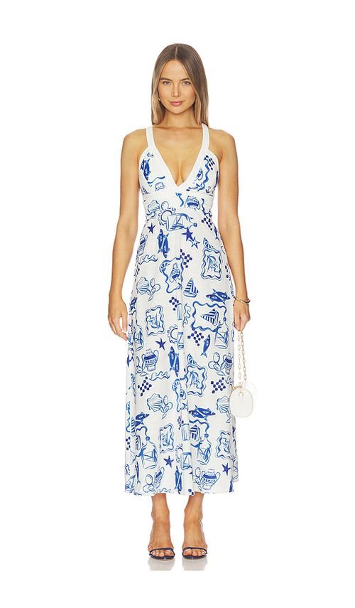 MINKPINK Baci Cross Back Midi Dress in White, Blue. M. Also in L, S