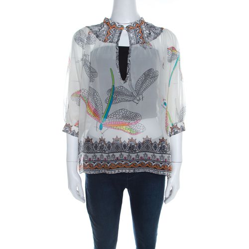 Matthew Williamson Off White Dragonfly Printed Silk Chiffon Sheer Blouse