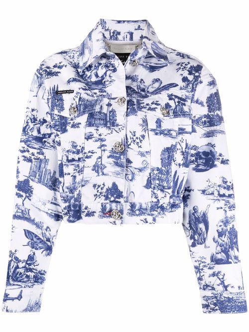 Baroque print denim jacket - White