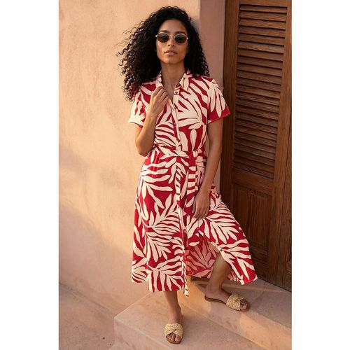 Roman Womens Leaf Print Belted Midi Shirt Dress - Red