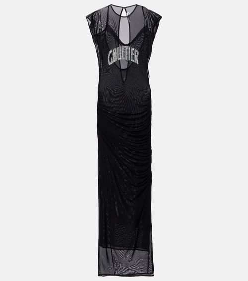 Logo sequined mesh maxi dress