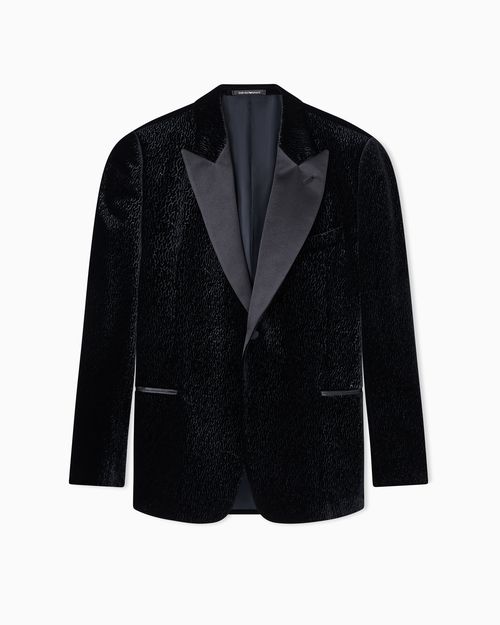 Velvet tuxedo jacket with all-over printed motif