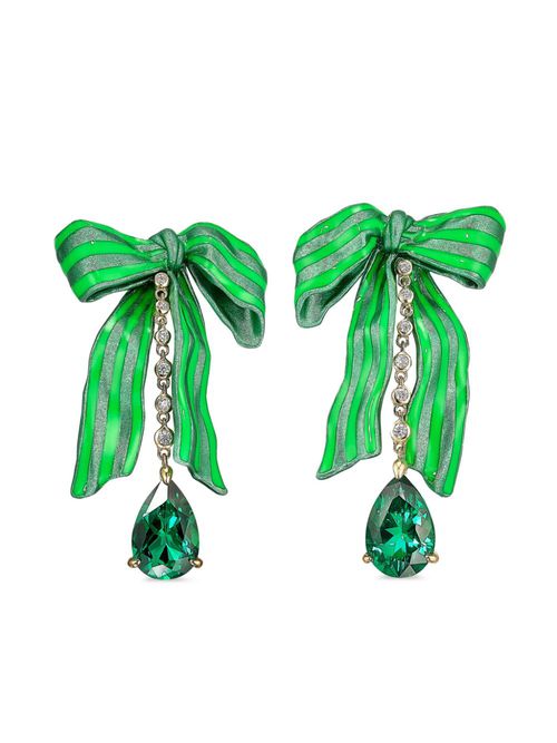 18kt white gold vermeil Bardot Bow emerald and diamond earrings - Green