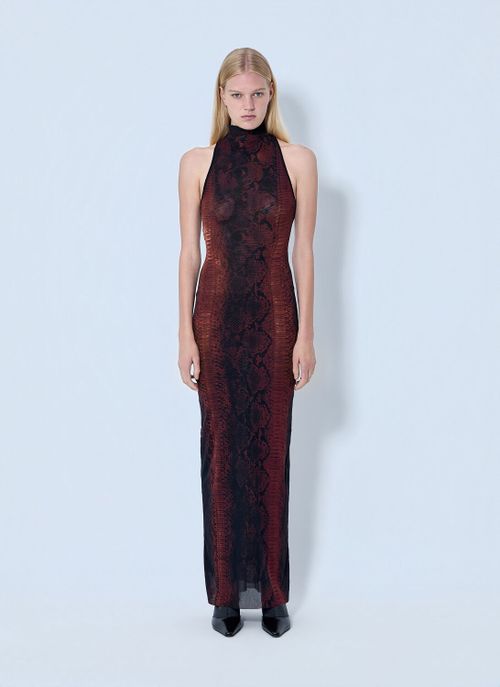 Mesh High Neck Python Printed Long Dress