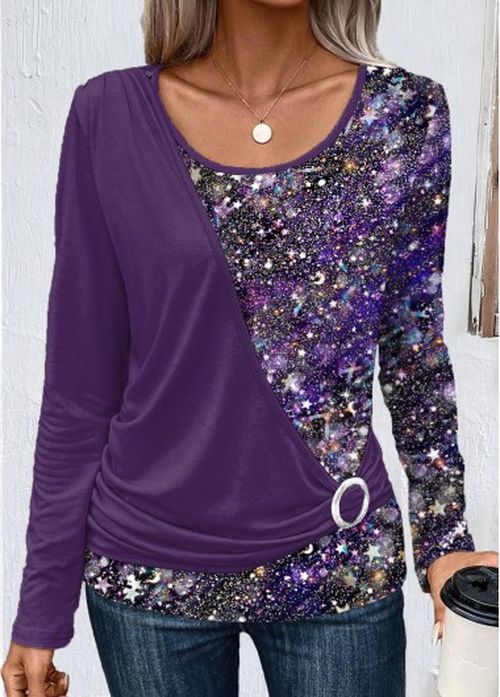 Modlily Dark Purple Patchwork Long Sleeve T Shirt