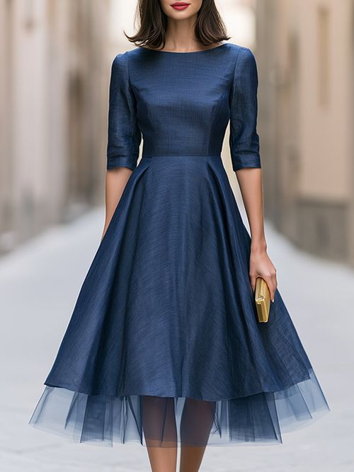 Tulle Hem Bateau Neck A-Line Midi Dress - Navy Blue