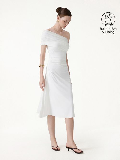 Not-See-Thru One Shoulder Gathered Midi Bra Dress - White