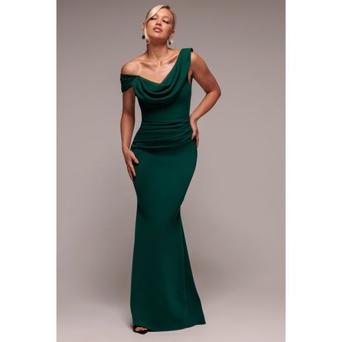 Goddiva Asymmetric Chiffon Cowl Neck Scuba Maxi Dress - Emerald Green